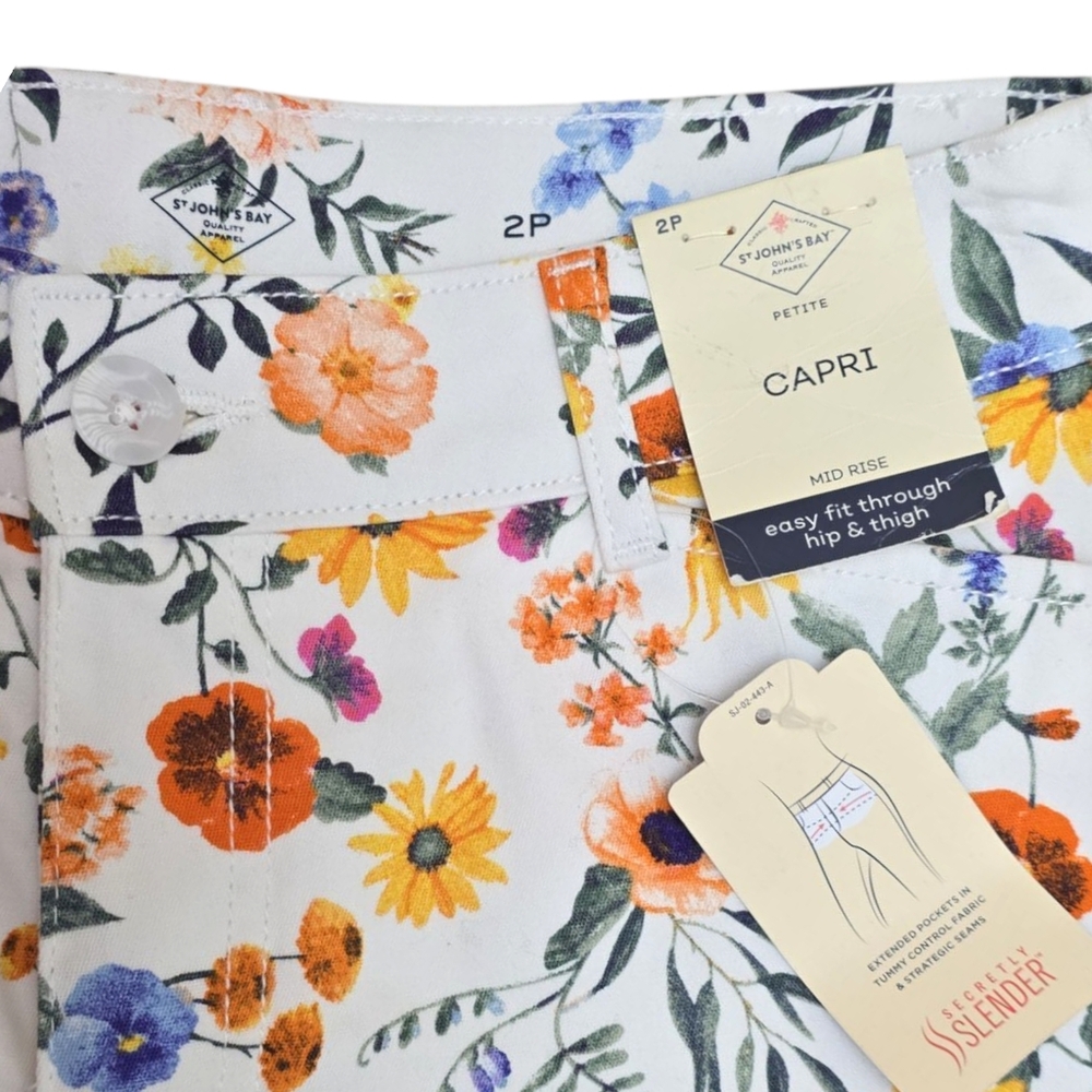NWT Womens St. Johns Bay White Floral Capri Pants 2P Orange Blue Yellow 2 Petite - Picture 2 of 8